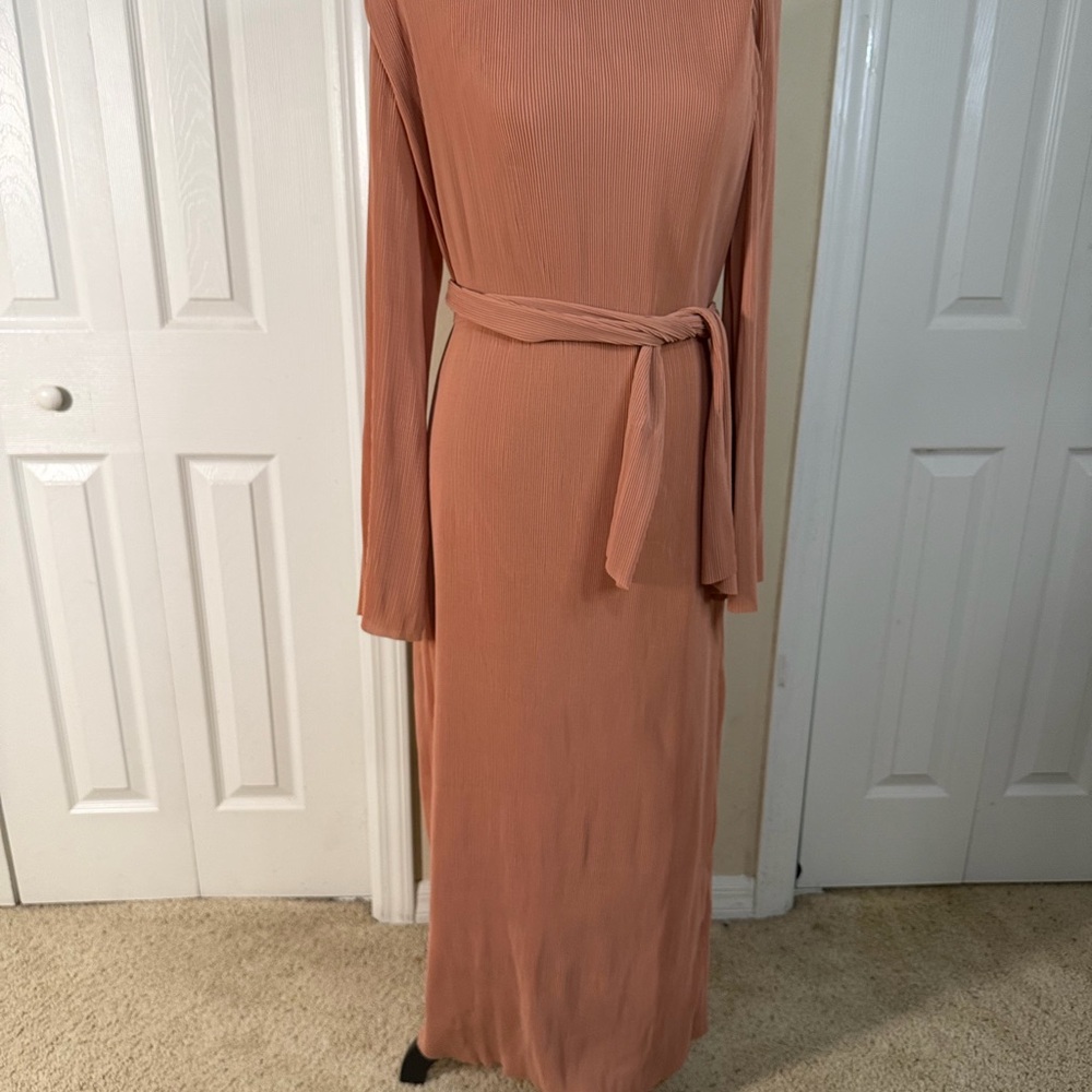 veiled Long Sleeve Dress in Warm Peach